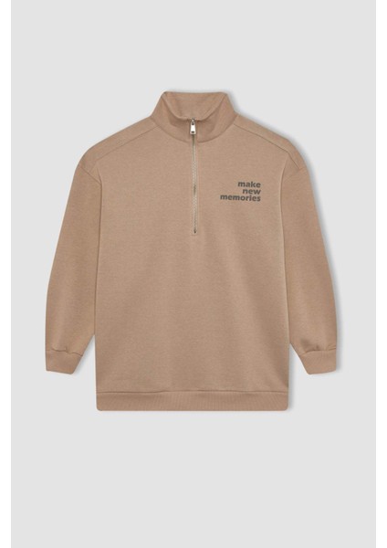 Regular Fit Fermuarlı Dik Yaka Baskılı İçi Yumuşak Tüylü Kalın Sweatshirt Tunik B9300AX24SP