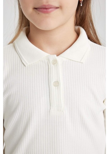 Kız Çocuk Polo Yaka Ribana Uzun Kollu Basic Düz Tişört B7407A824SP