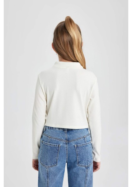 Kız Çocuk Polo Yaka Ribana Uzun Kollu Basic Düz Tişört B7407A824SP