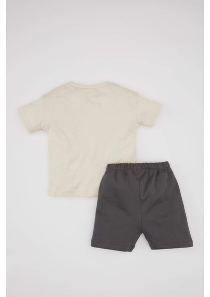 Erkek Bebek 2'li Takım Hayvan Desenli Bisiklet Yaka Kısa Kollu Tişört Şort