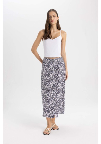 A Form Çiçekli Normal Bel Midi Etek