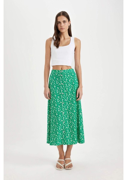A Form Çiçekli Normal Bel Midi Etek