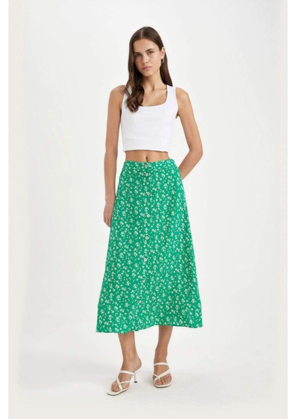 A Form Çiçekli Normal Bel Midi Etek