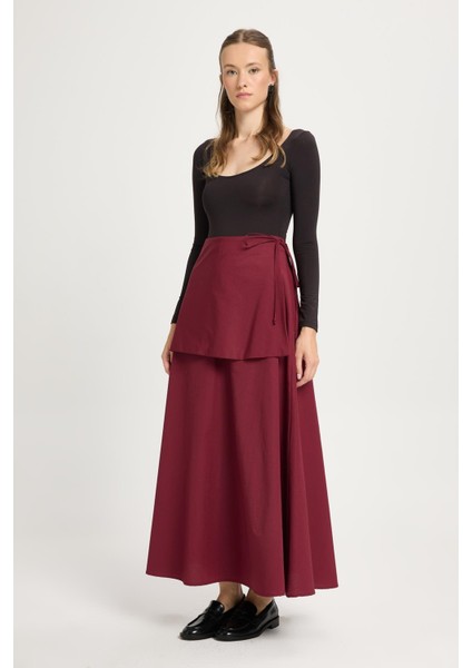 Kadın Bordo Takma Kemerli Poplin Uzun Etek 30021