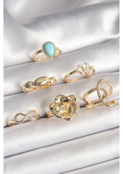 Pirinç Gold Renk Çiçek Model Model Sonsuzluk Zirkon Taş Detaylı 6 Lı Kadın Yüzük Seti