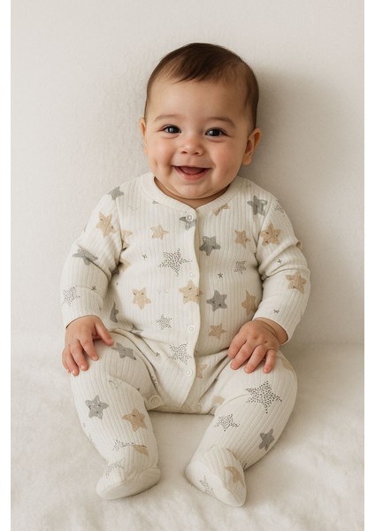 Tuem Baby Unisex Pamuklu Yıldız Desenli Baskılı Uzun Kollu Çıtçıtlı Mevsimlik Beyaz Renk Patikli Bebek Tulumu 3 Ay- 6 Ay-9 Ay