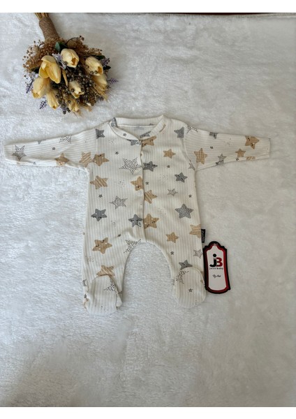 Tuem Baby Unisex Pamuklu Yıldız Desenli Baskılı Uzun Kollu Çıtçıtlı Mevsimlik Beyaz Renk Patikli Bebek Tulumu 3 Ay- 6 Ay-9 Ay modelleri