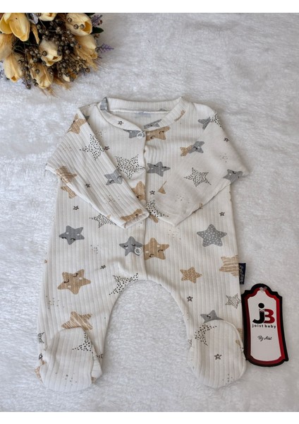Tuem Baby Unisex Pamuklu Yıldız Desenli Baskılı Uzun Kollu Çıtçıtlı Mevsimlik Beyaz Renk Patikli Bebek Tulumu 3 Ay- 6 Ay-9 Ay fırsatları