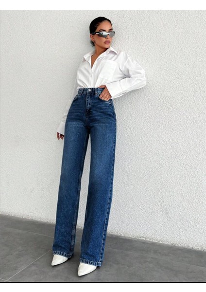 2021 Wide Leg Kadın Likralı Palazzo Kot Denim Pantolon KAPALI MAVİ