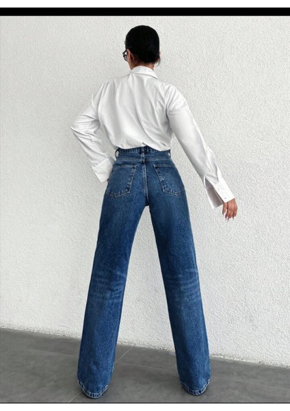 2021 Wide Leg Kadın Likralı Palazzo Kot Denim Pantolon KAPALI MAVİ indirimleri