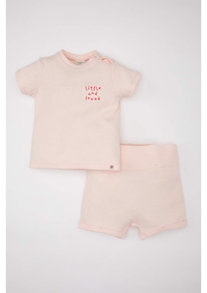 Kız Bebek 2'li Takım Nakışlı Waffle Kısa Kollu Tişört Şort C2552A524SM
