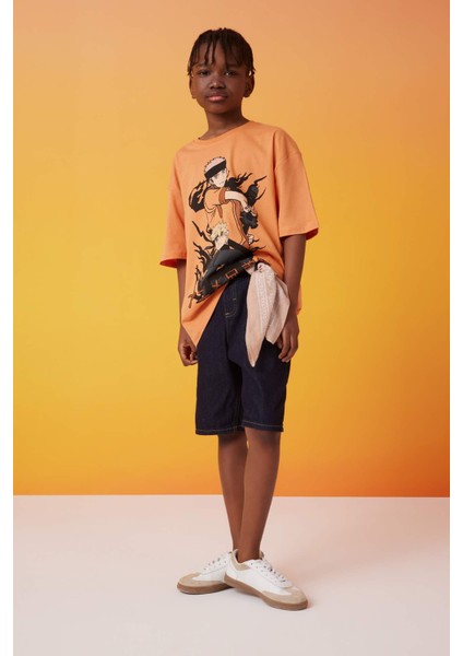 Erkek Çocuk Oversize Geniş Kalıp Bisiklet Yaka Baskılı Kısa Kollu Tişört