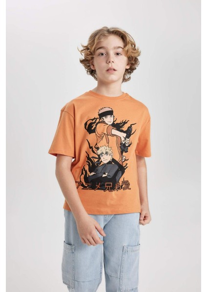 Erkek Çocuk Oversize Geniş Kalıp Bisiklet Yaka Baskılı Kısa Kollu Tişört