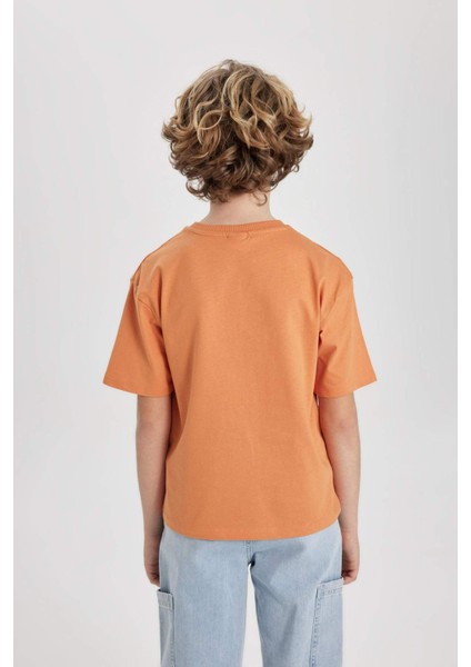 Erkek Çocuk Oversize Geniş Kalıp Bisiklet Yaka Baskılı Kısa Kollu Tişört