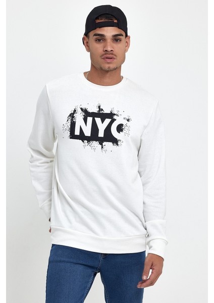 Erkek Bisiklet Yaka Rahat Kalıp 3 Iplik Kalın Nyc Baskılı Sweatshırt SPR24SW24 fırsatları