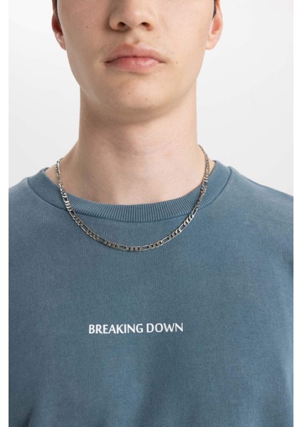 %100 Pamuk Comfort Regular Fit Rahat Kalıp Bisiklet Yaka Sırt Baskılı Yıkamalı Soluk Efektli Sweatshirt C1664AX24SP