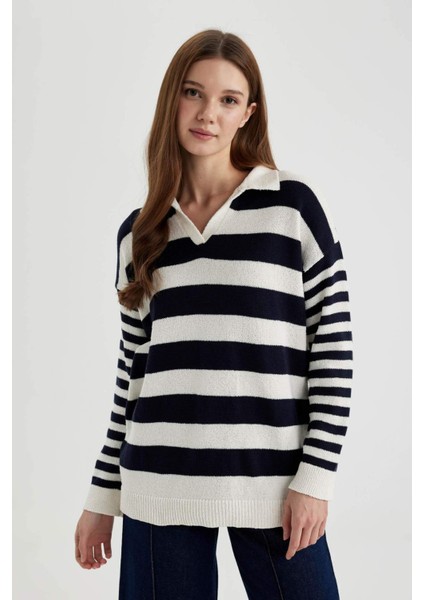 Regular Fit Çizgili Polo Yaka Tesettür Tişört Tunik C2850AX24SP