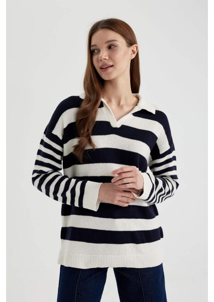 Regular Fit Çizgili Polo Yaka Tesettür Tişört Tunik C2850AX24SP