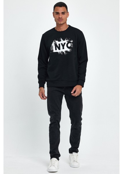 Erkek Bisiklet Yaka Rahat Kalıp 3 Iplik Kalın Nyc Baskılı Sweatshırt SPR24SW24