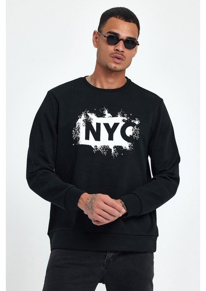 Erkek Bisiklet Yaka Rahat Kalıp 3 Iplik Kalın Nyc Baskılı Sweatshırt SPR24SW24 fırsatları