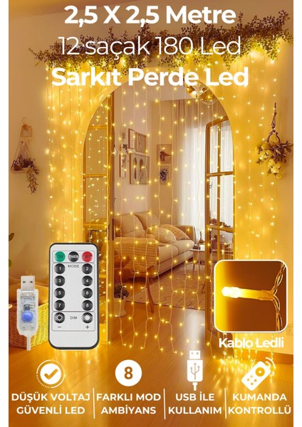 2.5 x 2.5 mt Usbli Kumandalı 8 Modlu Perde LED 12 Saçaklı 180 LED Kalın Kablolu Gün Işığı