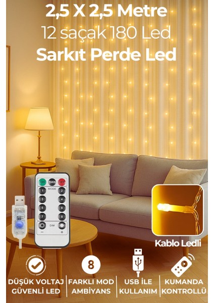 2.5 x 2.5 mt Usbli Kumandalı 8 Modlu Perde LED 12 Saçaklı 180 LED Kalın Kablolu Gün Işığı modelleri