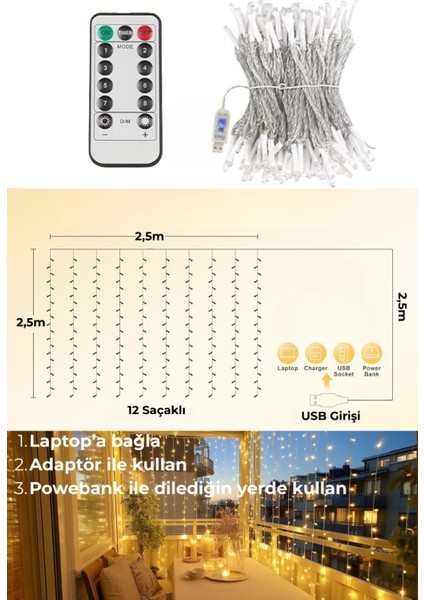 2.5 x 2.5 mt Usbli Kumandalı 8 Modlu Perde LED 12 Saçaklı 180 LED Kalın Kablolu Gün Işığı indirimleri