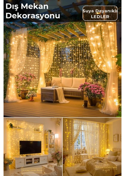 2.5 x 2.5 mt Usbli Kumandalı 8 Modlu Perde LED 12 Saçaklı 180 LED Kalın Kablolu Gün Işığı
