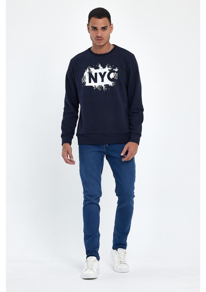 Erkek Bisiklet Yaka Rahat Kalıp 3 Iplik Kalın Nyc Baskılı Sweatshırt SPR24SW24
