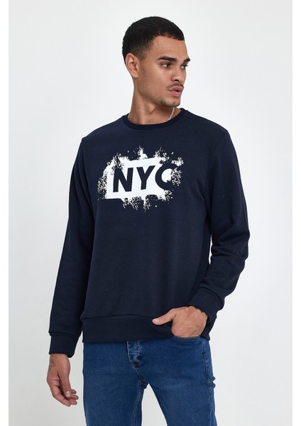 Erkek Bisiklet Yaka Rahat Kalıp 3 Iplik Kalın Nyc Baskılı Sweatshırt SPR24SW24 fırsatları
