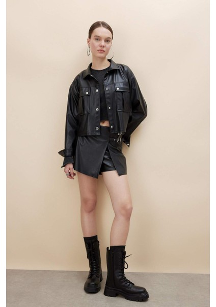 Regular Fit Normal Bel Suni Deri Şort Etek B5294AX24SP