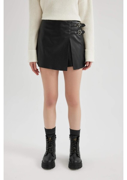 Regular Fit Normal Bel Suni Deri Şort Etek B5294AX24SP