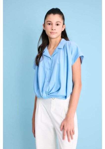 Kız Çocuk Cropped Fit Pamuklu Kısa Kollu Gömlek C1903A824SM