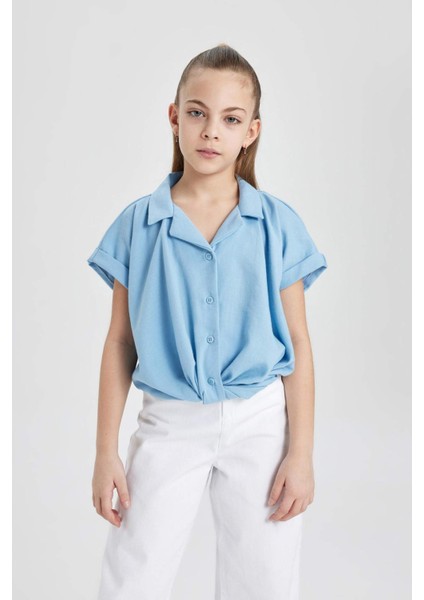 Kız Çocuk Cropped Fit Pamuklu Kısa Kollu Gömlek C1903A824SM