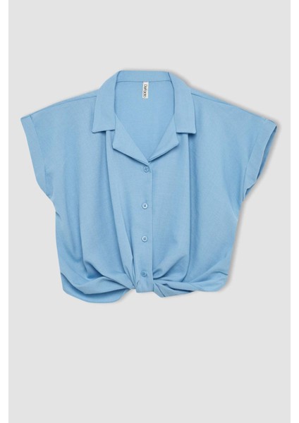 Kız Çocuk Cropped Fit Pamuklu Kısa Kollu Gömlek C1903A824SM