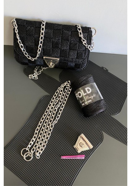 Kanvas Çanta Siyah Örgü Kiti 45X21CM - Simli Ribbon Bright Plastik Kanvas Çanta Seti Simli Ip fiyatları