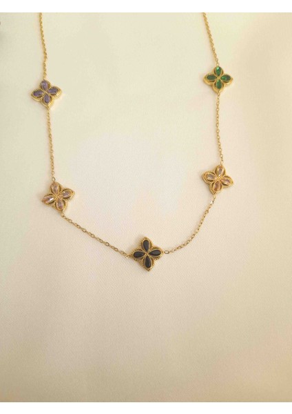 Renkli Zirkon Taşlı Yonca Kolye Çelik Zarif Kadın Aksesuarı