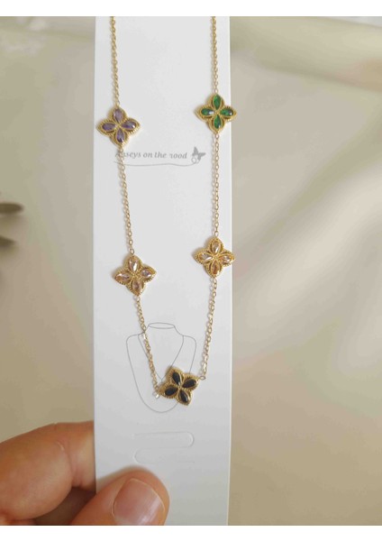 Renkli Zirkon Taşlı Yonca Kolye Çelik Zarif Kadın Aksesuarı fiyatları