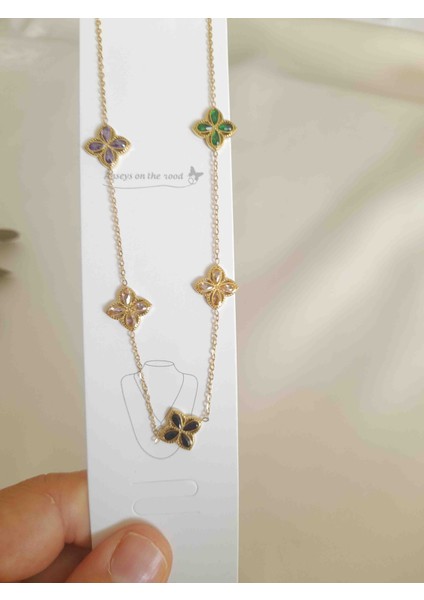 Renkli Zirkon Taşlı Yonca Kolye Çelik Zarif Kadın Aksesuarı modelleri