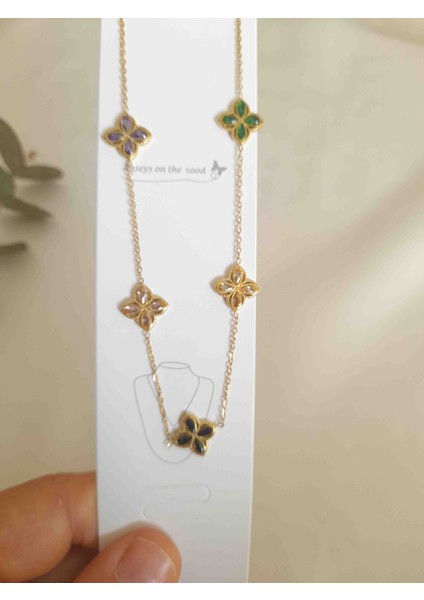 Renkli Zirkon Taşlı Yonca Kolye Çelik Zarif Kadın Aksesuarı fırsatları