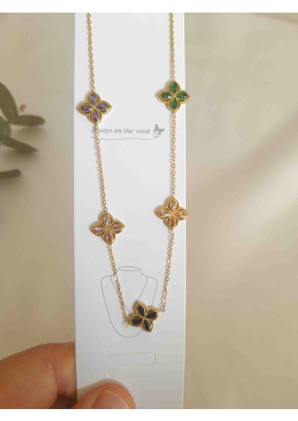 Renkli Zirkon Taşlı Yonca Kolye Çelik Zarif Kadın Aksesuarı indirimleri