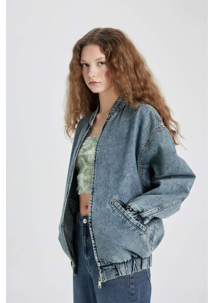 Oversize Geniş Kalıp Jean Bomber Ceket Kolej Yaka Fermuarlı Çift Cepli C1508AX24SM