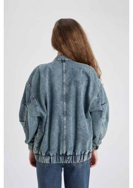 Oversize Geniş Kalıp Jean Bomber Ceket Kolej Yaka Fermuarlı Çift Cepli C1508AX24SM