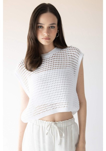 Crop Örgü Desenli Pamuklu Kroşe Triko Süveter