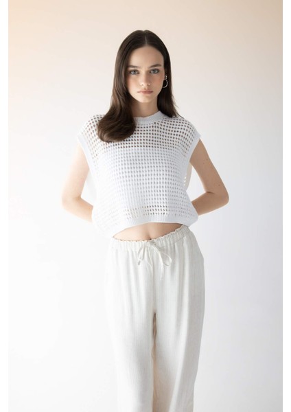 Crop Örgü Desenli Pamuklu Kroşe Triko Süveter