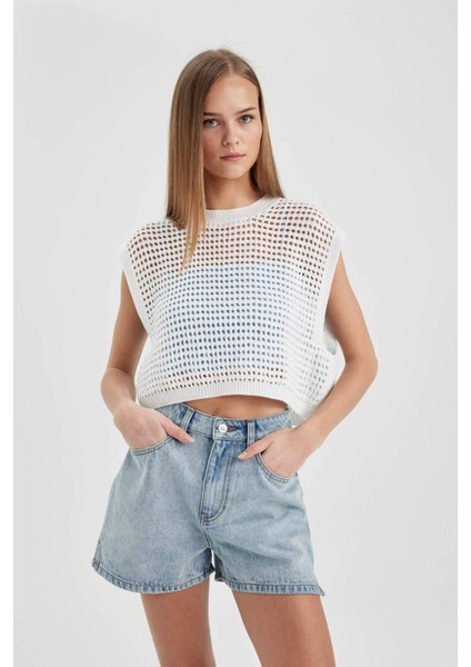 Crop Örgü Desenli Pamuklu Kroşe Triko Süveter