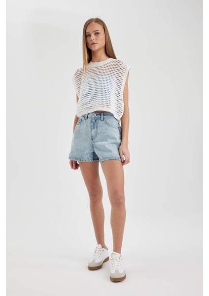 Crop Örgü Desenli Pamuklu Kroşe Triko Süveter