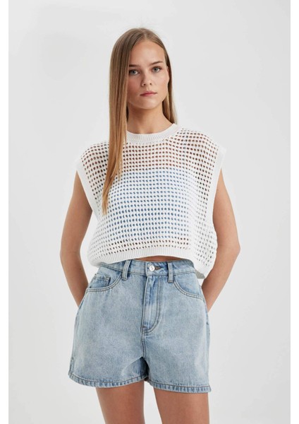 Crop Örgü Desenli Pamuklu Kroşe Triko Süveter