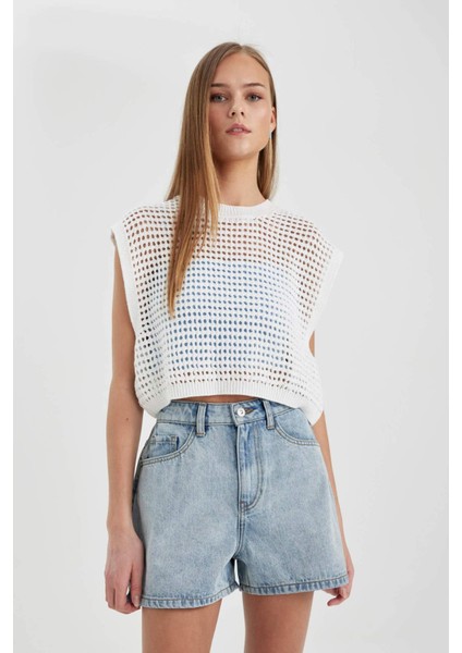 Crop Örgü Desenli Pamuklu Kroşe Triko Süveter