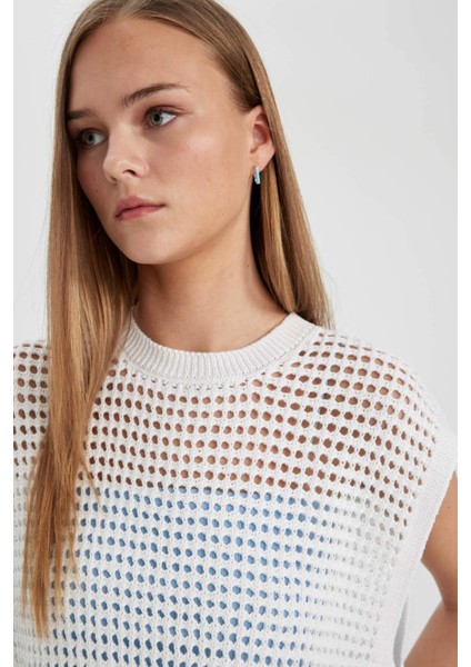 Crop Örgü Desenli Pamuklu Kroşe Triko Süveter